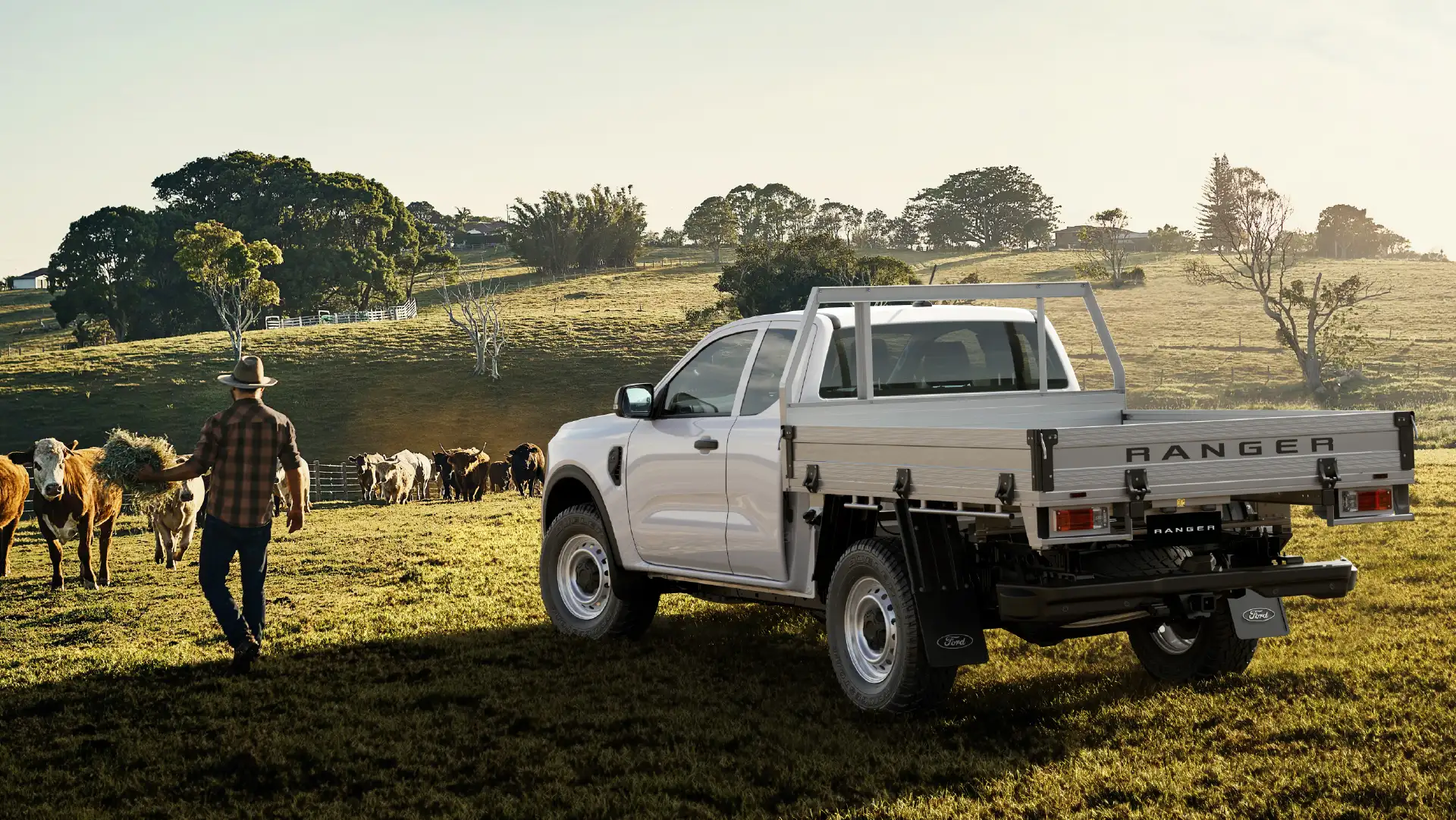 White utility truck on farm