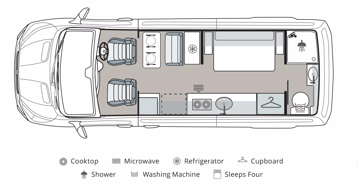 LDV Deliver 9 Motorhome day layout floorplan diagram showing kitchen, bathroom, sleeping, dining and storage areas