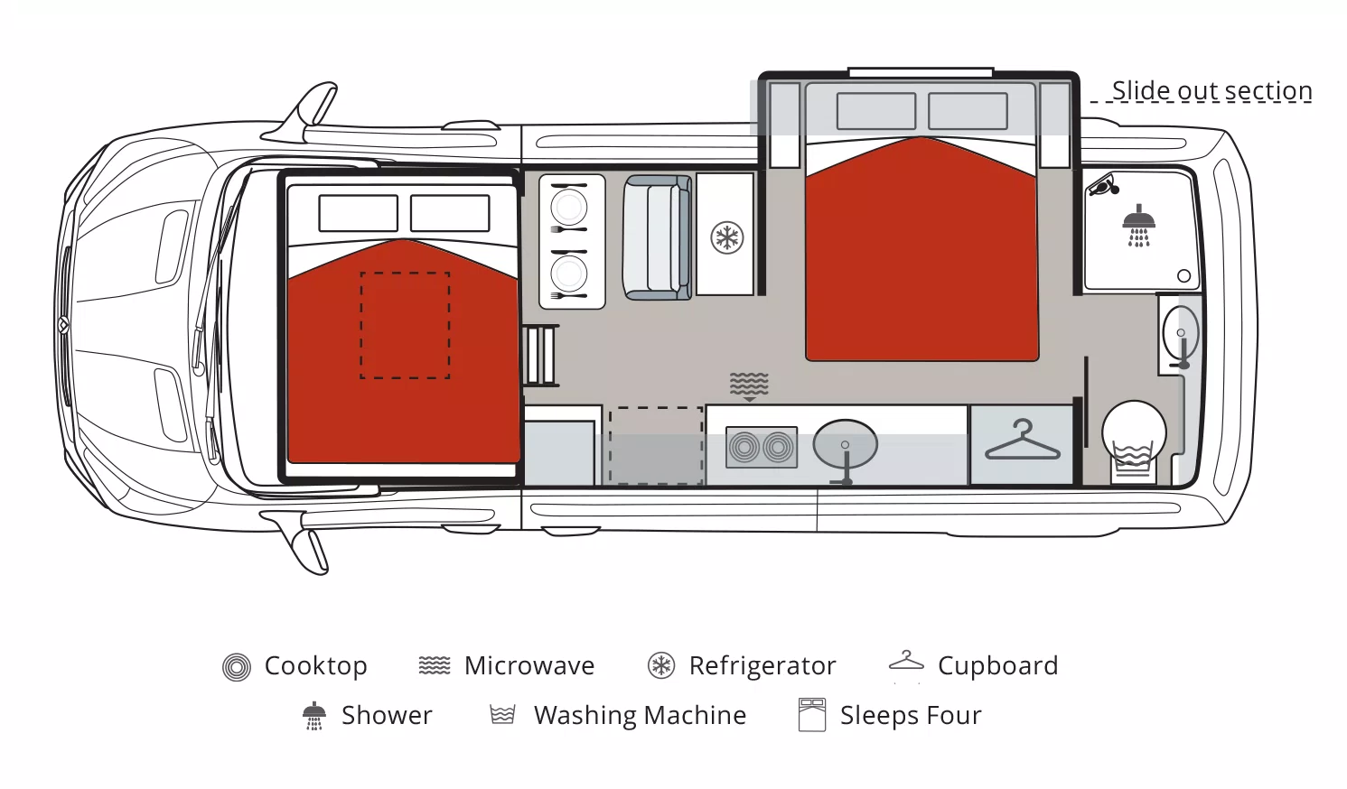 LDV Deliver 9 Motorhome day layout floorplan diagram showing kitchen, bathroom, sleeping, dining and storage areas