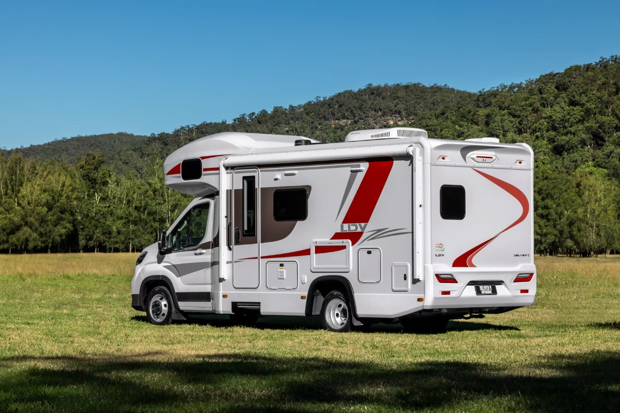 LDV Deliver 9 Motorhome driver's cabin with 12.3-inch infotainment display, Apple CarPlay and Android Auto, and 8-speed automatic transmission