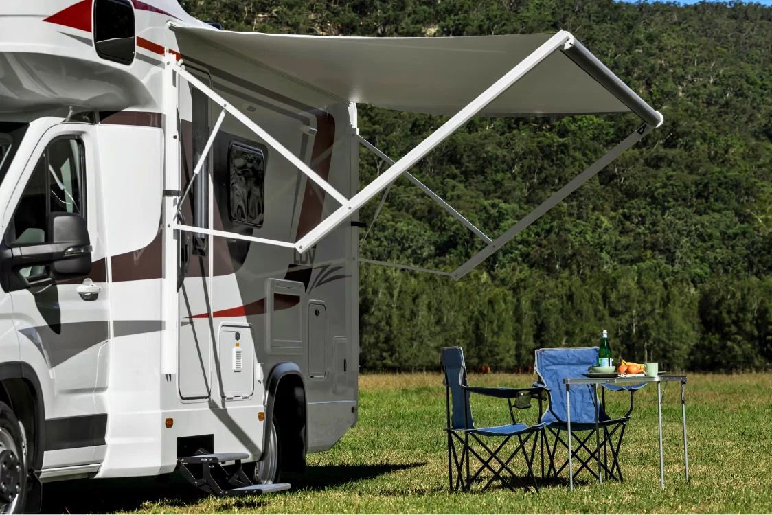LDV Deliver 9 Motorhome electric awning extended to create shaded outdoor entertaining area
