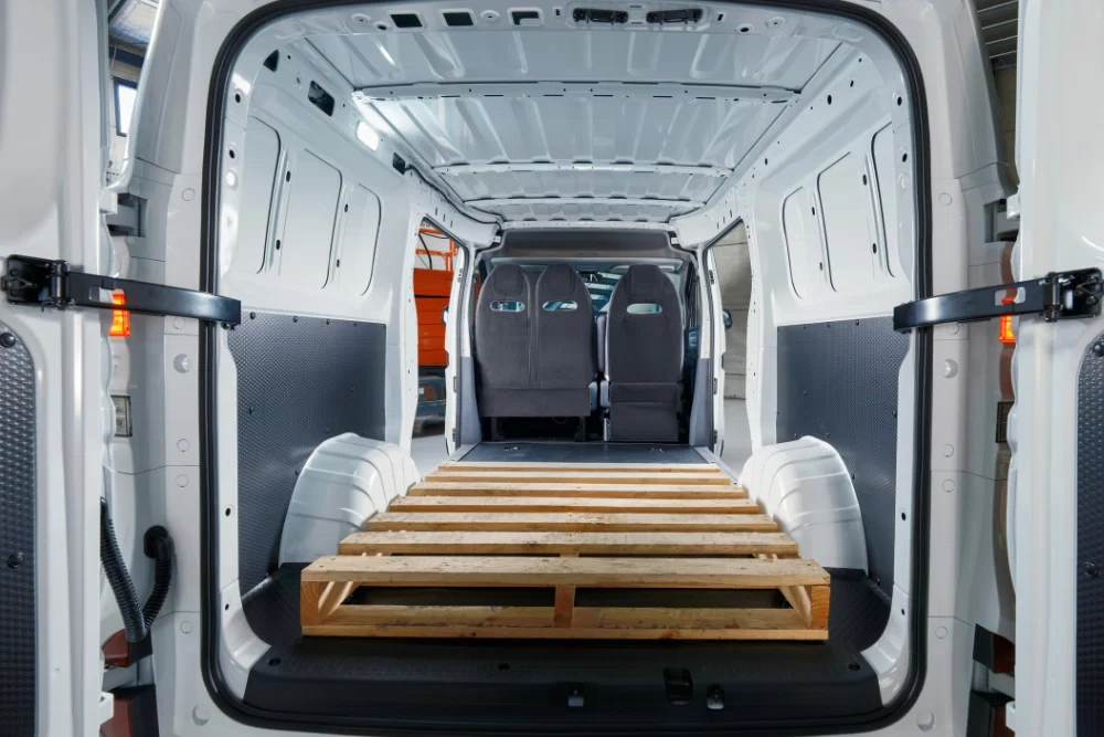 Interior rear cargo area of the LDV eDeliver 5 van showing 6.6 cubic metre load space and 1.2 tonne payload