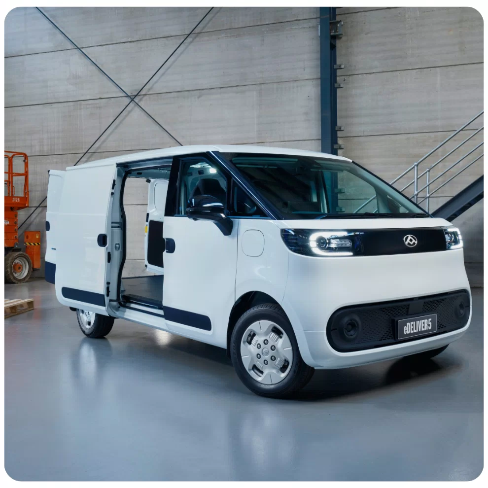 LDV eDeliver 5 short wheelbase electric van driving on the road showcasing up to 335km range