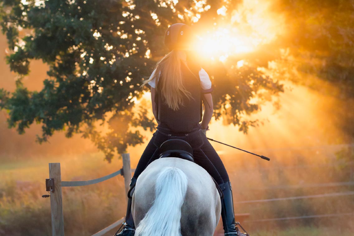 Woman rides horse into sunset over forest