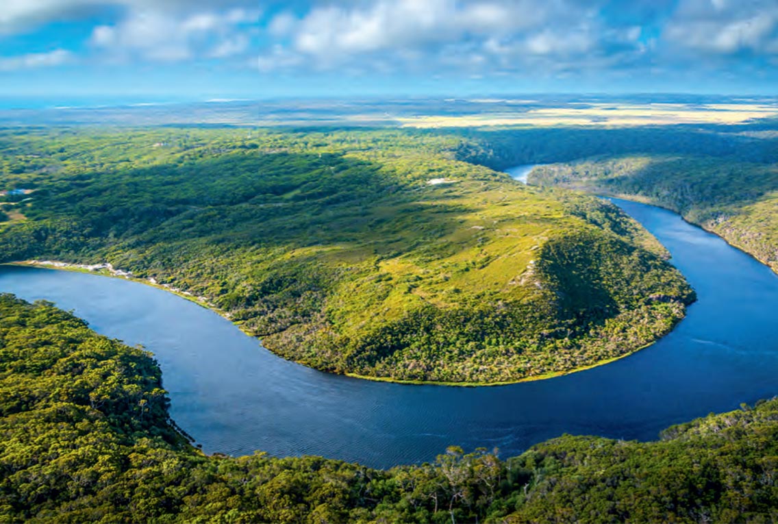 Gordon River snakes through forest-covered Tasmanian landscape