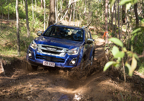 Isuzu D-MAX plashes mud driving through water crossing in dense forest