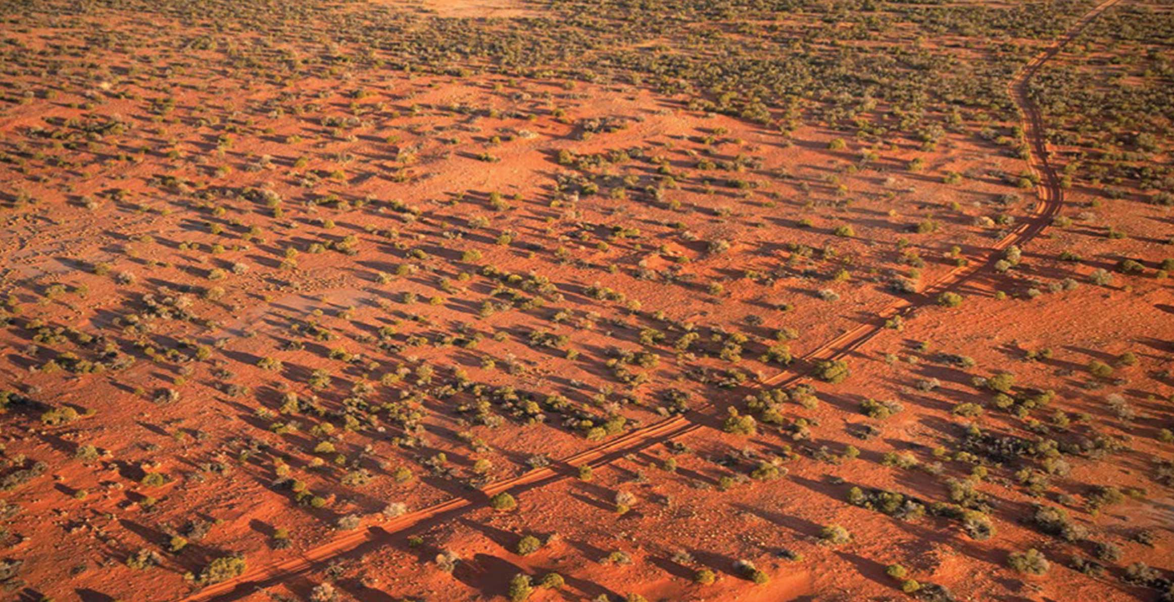 Aerial view of Anne Beadall highway cutting through outback desert 