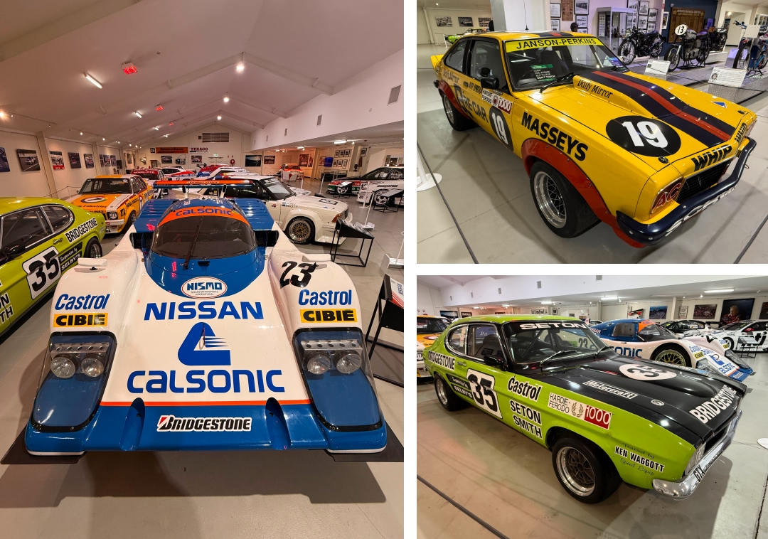 Left: 1988 R88C sportscar by Nissan; races include 1988 Le Mans 24 Hour, Kazuyoshi Hoshino, Taksa Wada and Aguri Suzuki; livery as for that race. Top Right: 1979 Holden LX Torana SS A9X; races include 1979 Hardie-Ferodo 1000, 2nd, Peter Janson & Larry Perkins; livery restored to that race Bottom Right: 1975 Ford Capri V6 Coupe; races include 1975 Hardie-Ferodo 1000, Barry ‘Bo’ Seton & Don Smith, livery restored to that race  