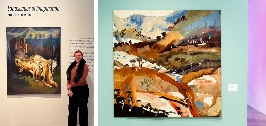 Bathurst Regional Art Gallery, Landscapes of Imagination: From the Collection exhibition, 2025 Left: Camille Gillyboeuf with artwork; Rosemary Valadon, Jean Bellette’s Bed, 2004, oil paint on canvas Right: Luke Sciberras with the Australian Tapestry Workshop, The Bridle Track, 2019, cotton and wool. Image by Silversalt Photography, provided courtesy of BRAG  