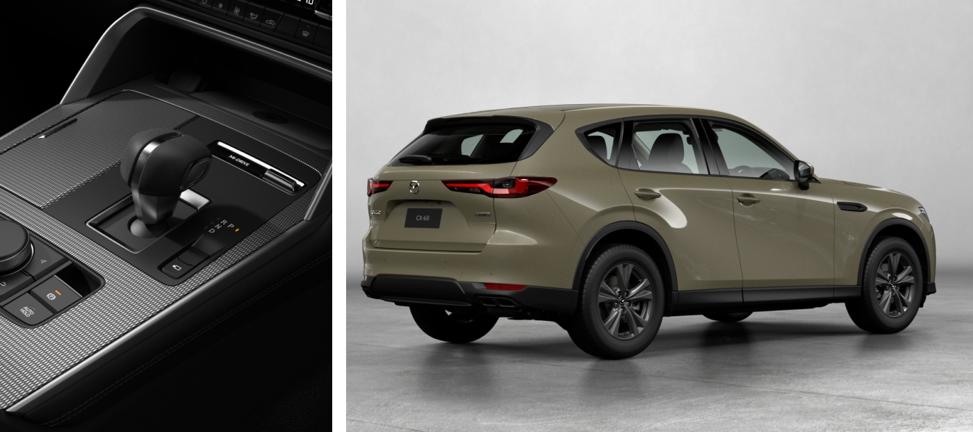 Interior gear shift and rear view of a green Mazda CX-60 SUV showcasing modern design and advanced features.
