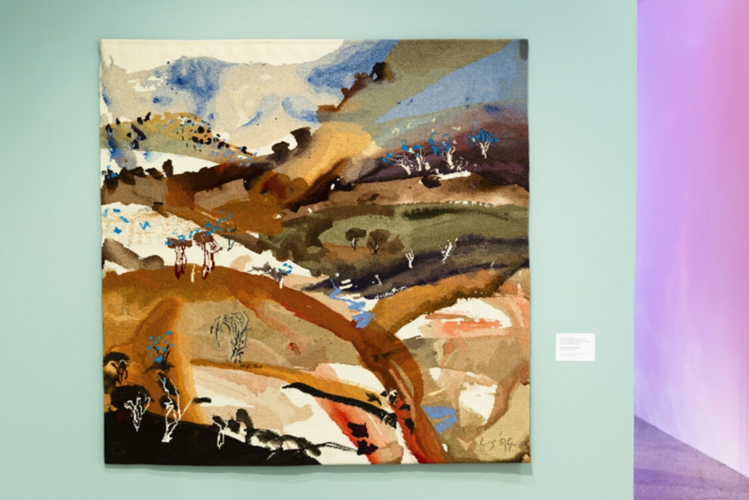 At the Bathurst Regional Art Gallery (BRAG). Landscapes of Imagination: From the Collection exhibition, 2025; Luke Sciberras with the Australian Tapestry Workshop, The Bridle Track, 2019, cotton and wool. Image by Silversalt Photography, provided courtesy of BRAG