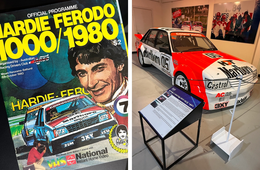 Left: 1984 Holden VK Commodore; last race 1984 James Hardie 1000, win, Peter Brock & Larry Perkins Right: 1980 James Hardie 1000 program front