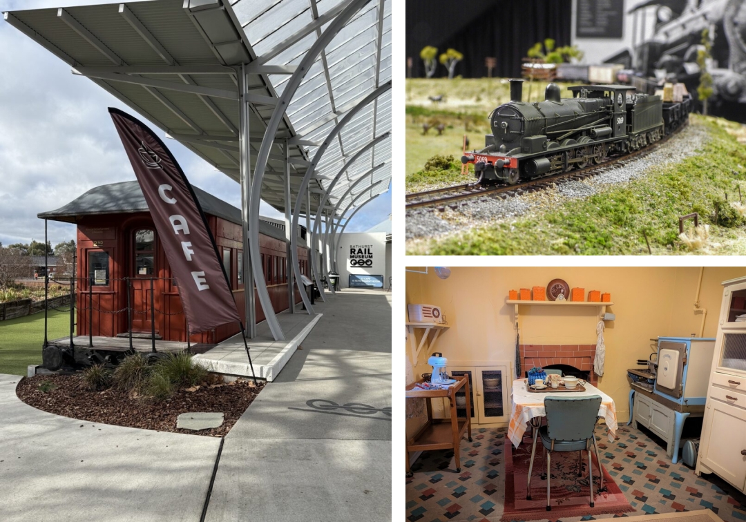 Right: Views of the model railway at the Bathurst Rail Museum and the Chifley Home, images courtesy of Museums Bathurst. Left: outside the Bathurst Rail Museum, with the carriage as café seating