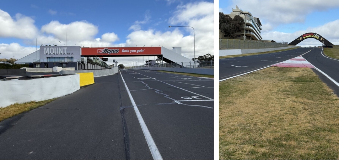 Mt Panorama track views. Left: Pit Straight, the start and finish. Right: Near Murray’s Corner, looking along Conrod Straight