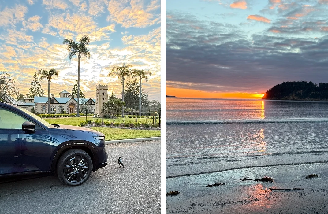The Seahorse Inn with replica Boyd's Tower phone booth and sunrise at Beermuna, Boydtown  Beach, Eden NSW