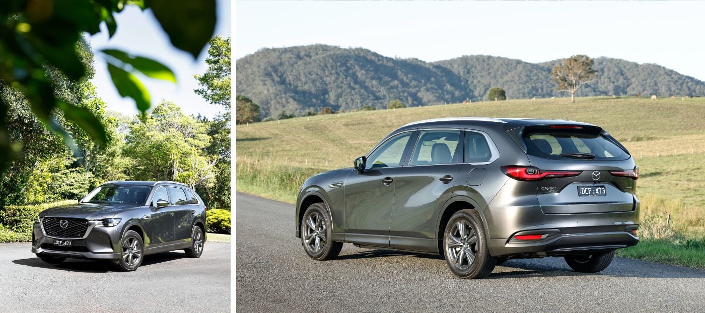 Mazda CX-90 SUV collage featuring front-side view parked on a driveway with greenery, and rear-side view driving on a scenic road with hills and trees in the background.