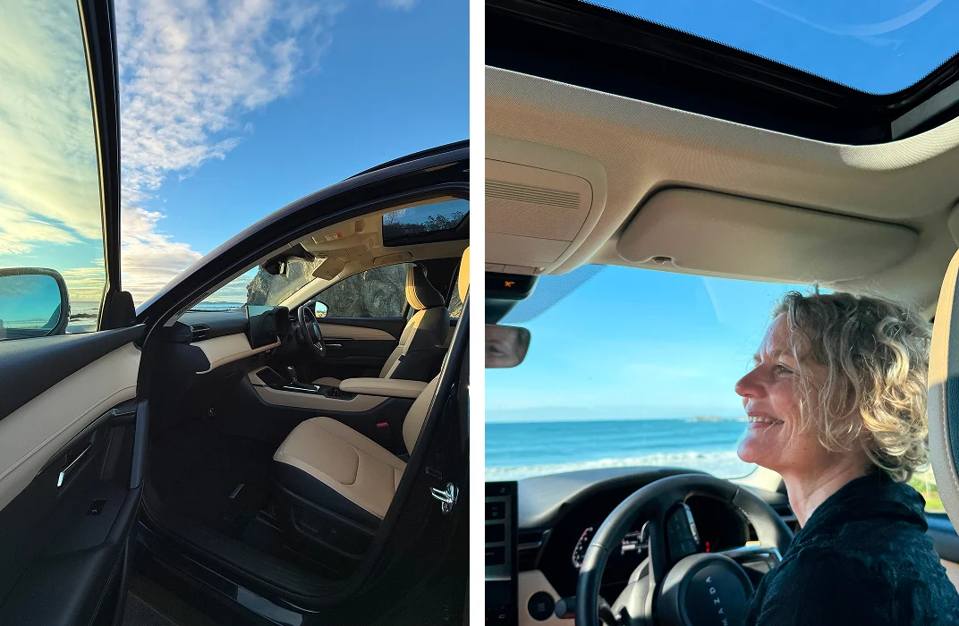 Mazda CX-5 in Navy Blue Mica with Sports Tan interior beside the sea, NSW South Coast