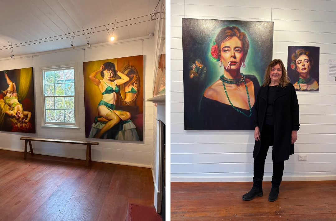 At the Hill End Gallery with Rosemary Valadon. Wicked Women series, 2011–2014, oil on canvas. Rosemary pictured beside Pickup (Rachel Ward & Bryan Brown)