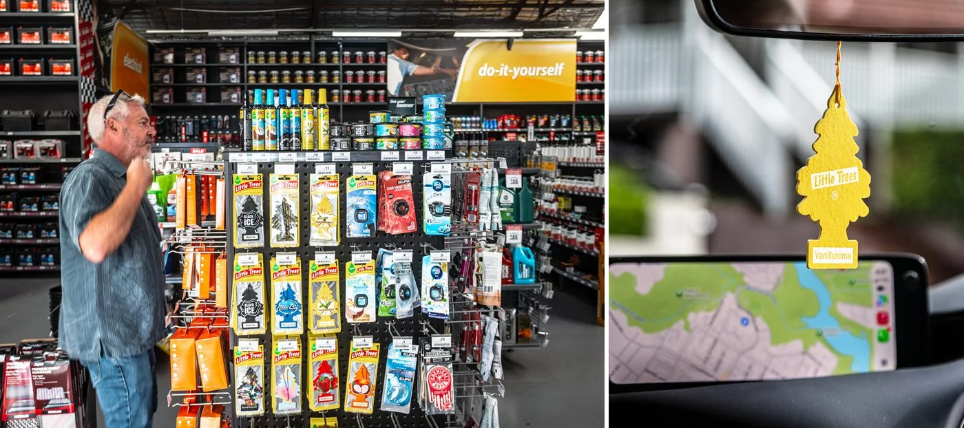 Left: a man choosing a vanilla air freshener in a car accessories store; right: the air freshener hanging from a Mazda3 rear-view mirror