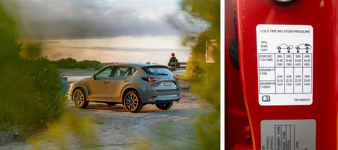 Mazda CX-5 parked near a scenic waterfront at sunset, framed by greenery, representing an Australian holiday road trip; next to a close-up of the car’s tire pressure information sticker showing recommended cold inflation pressures for different tire sizes.