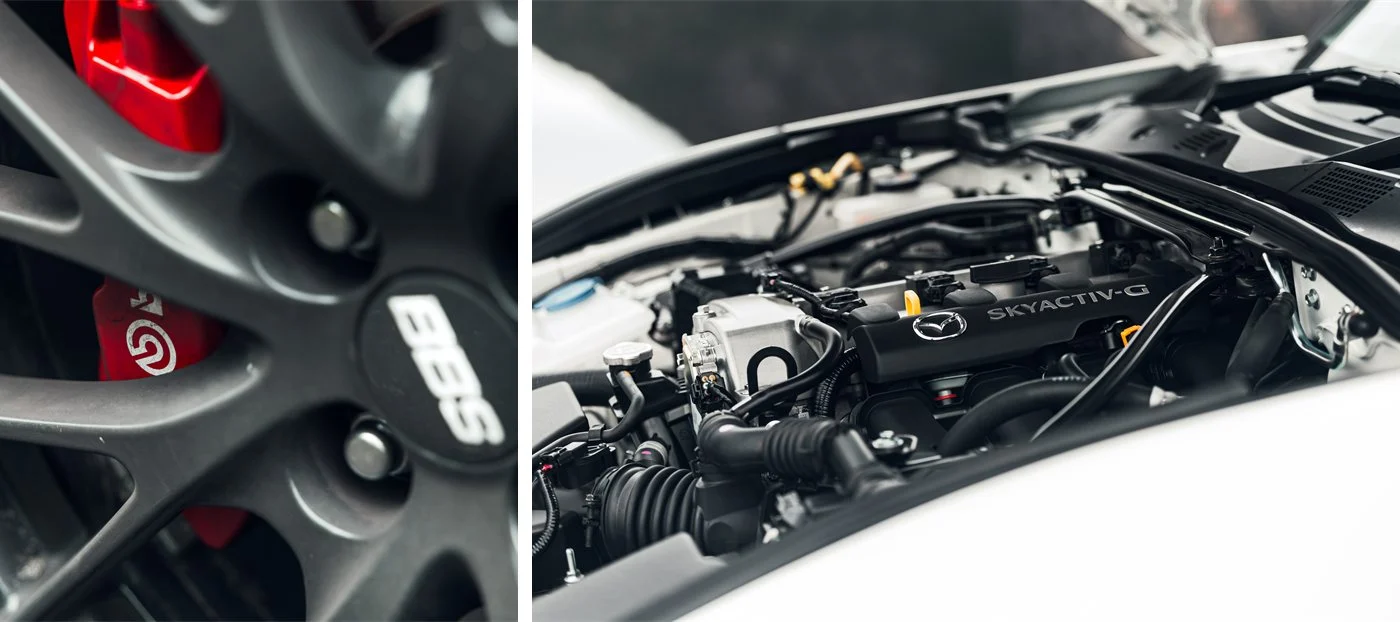 Mazda MX-5 GT RS hardware — the forged BBS alloy wheel and red Brembo brake caliper, beside the 2.0-litre SKYACTIV-G engine.