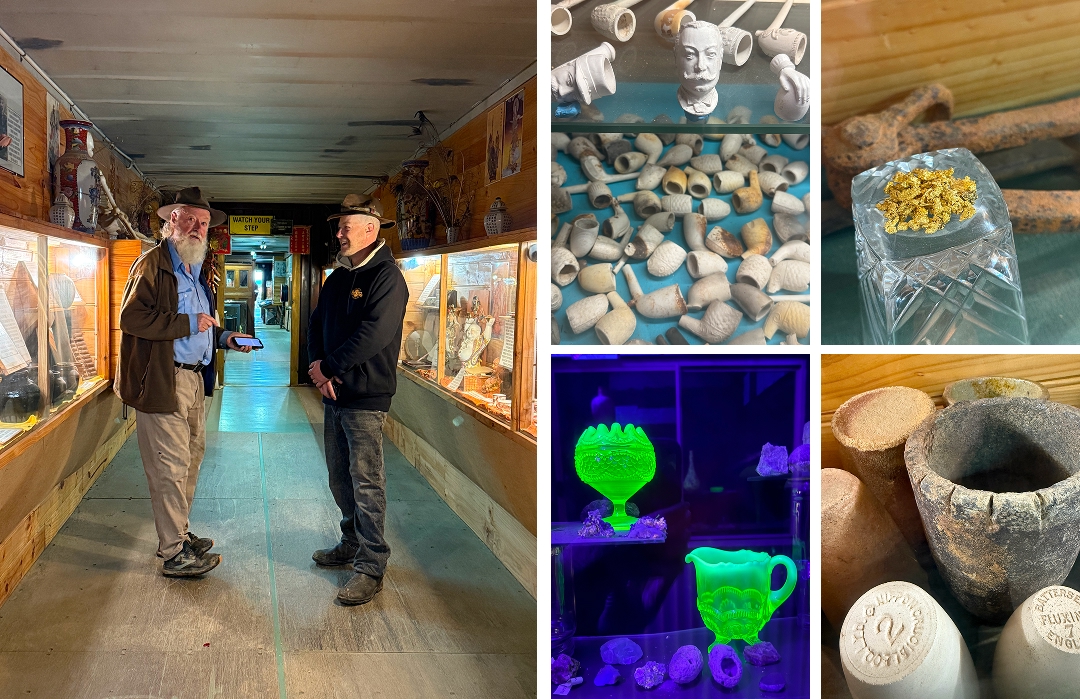 At History Hill with Malcolm & Jhob Drinkwater Middle Top: clay crucibles for melting gold Top Right: an ounce of gold Lower middle: late 1800s uranium glass, a rosebowl by Northwood Glass Co., a cream jug by Flint Glass Co. Lower right: clay tobacco pipes