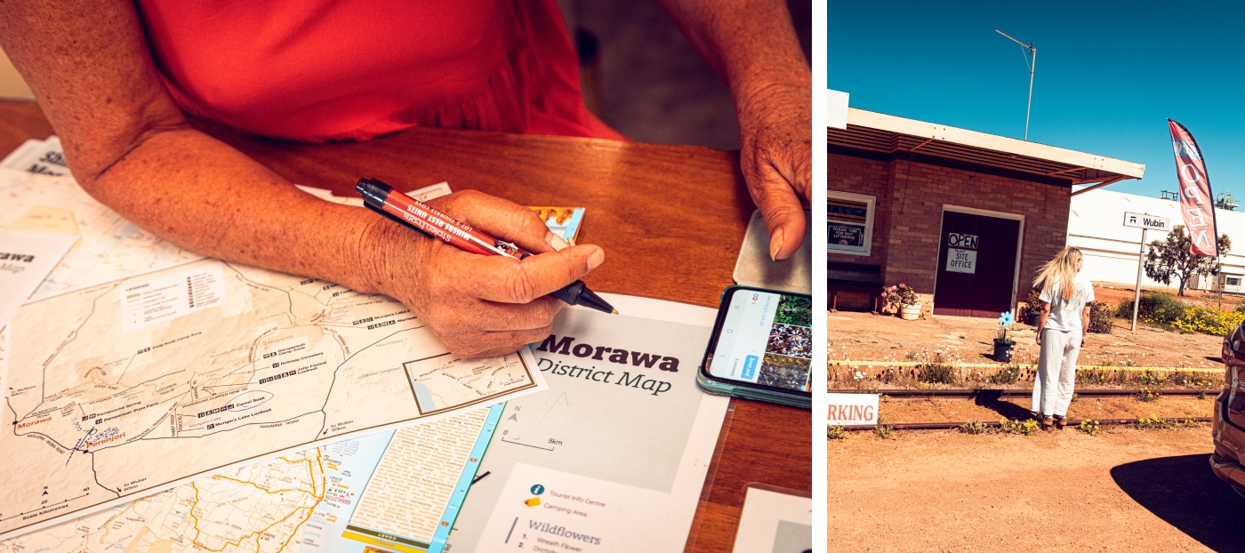 Left: Close-up of Morawa District map on a wooden table with travel notes, pen, and smartphone, planning a Mazda CX-80 Melting Copper wildflower road trip in Western Australia. Right: Mazda CX-80 parked outside a rustic outback building in Morawa WA, traveler exploring local attractions during Western Australia wildflower season