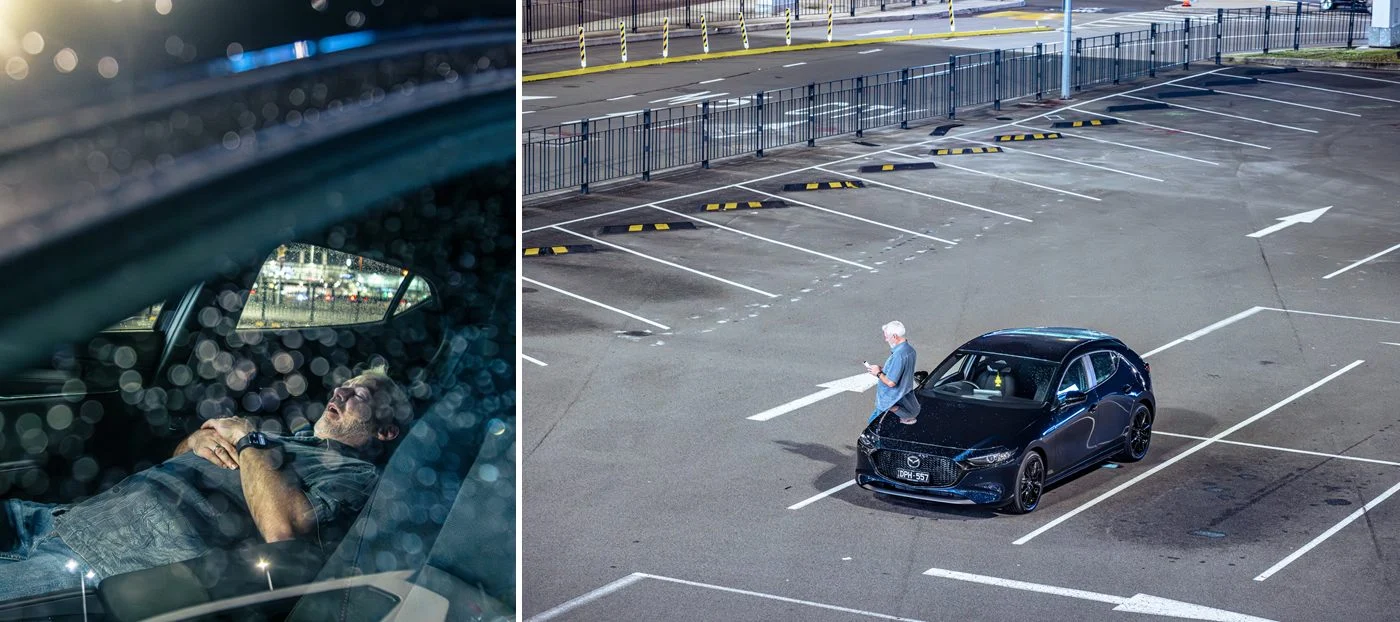 Left: a tired ride-share driver napping in a Mazda3 at night; right: the Mazda3 parked alone in an empty airport car park