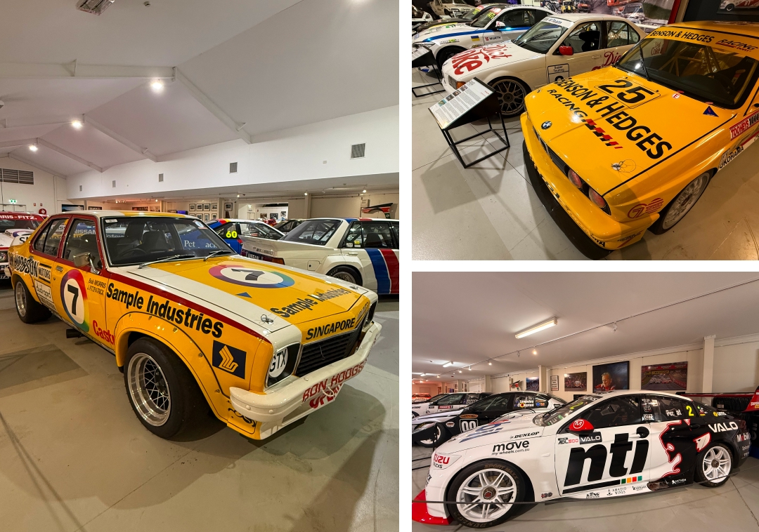 Left: 1974 Holden LH Torana SL/R 5000 L34; races include 1976 Hardie-Ferodo 1000, win, Bob Morris & John Fitzpatrick; livery restored to that race Top right: 1992 BMW M3 Evolution; races include 1992 Tooheys 1000, 4th, Tony Longhurst & Johnny Cecotto; livery restored to that race Bottom right: 2020 Holden ZB Commodore; races include 2022 Adelaide 500, Nick Percat; livery 1990s Holden retro design – last weekend of Holden racing in Supercars  