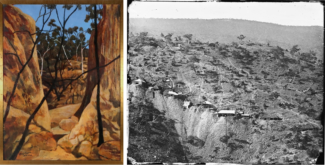 Left: Ray Austin Crooke, Eroded Gully, 2004, oil on canvas. Image courtesy of BRAG Right: Hawkins Hill mines, with the head of the mine established by Bernhardt Otto Holtermann and Louis Beyers being the two-story white building (centre), Call# ON 4/Box 71/no. C; A & A Photographic Co., Holtermann Collection, 1870-1875, Mitchell Library, State Library of New South Wales 