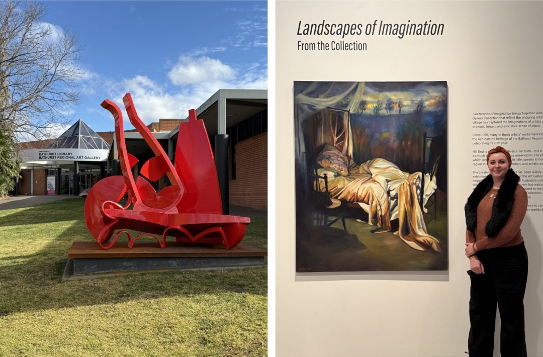 At the Bathurst Regional Art Gallery with Camille Gillyboeuf. Right: Landscapes of Imagination: From the Collection exhibition, 2025; Rosemary Valadon, Jean Bellette’s Bed, 2004, oil paint on canvas