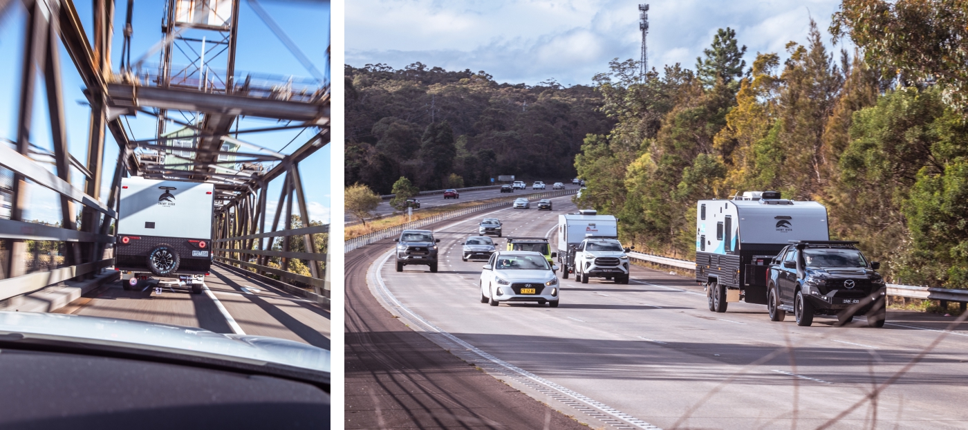 Left: A vehicle towing a caravan crosses a metal bridge, viewed from inside another vehicle; Right: Multiple vehicles towing caravans travel on a multi-lane highway surrounded by trees and hills.