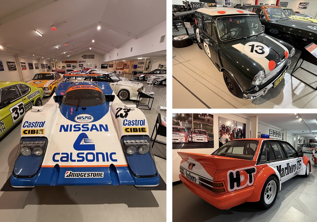 At the National Motor Racing Museum, Museums Bathurst. Left: 1988 Nissan R88C sportscar in foreground. Top Right: Hour Mini Cooper S; (replica) 1966 Gallaher 500, win, Rauno Aaltonen & Bob Holden; livery restored to that race. Bottom right: 1984 Holden VK Commodore; as is after its last race, 1984 James Hardie 1000, win, Peter Brock & Larry Perkins