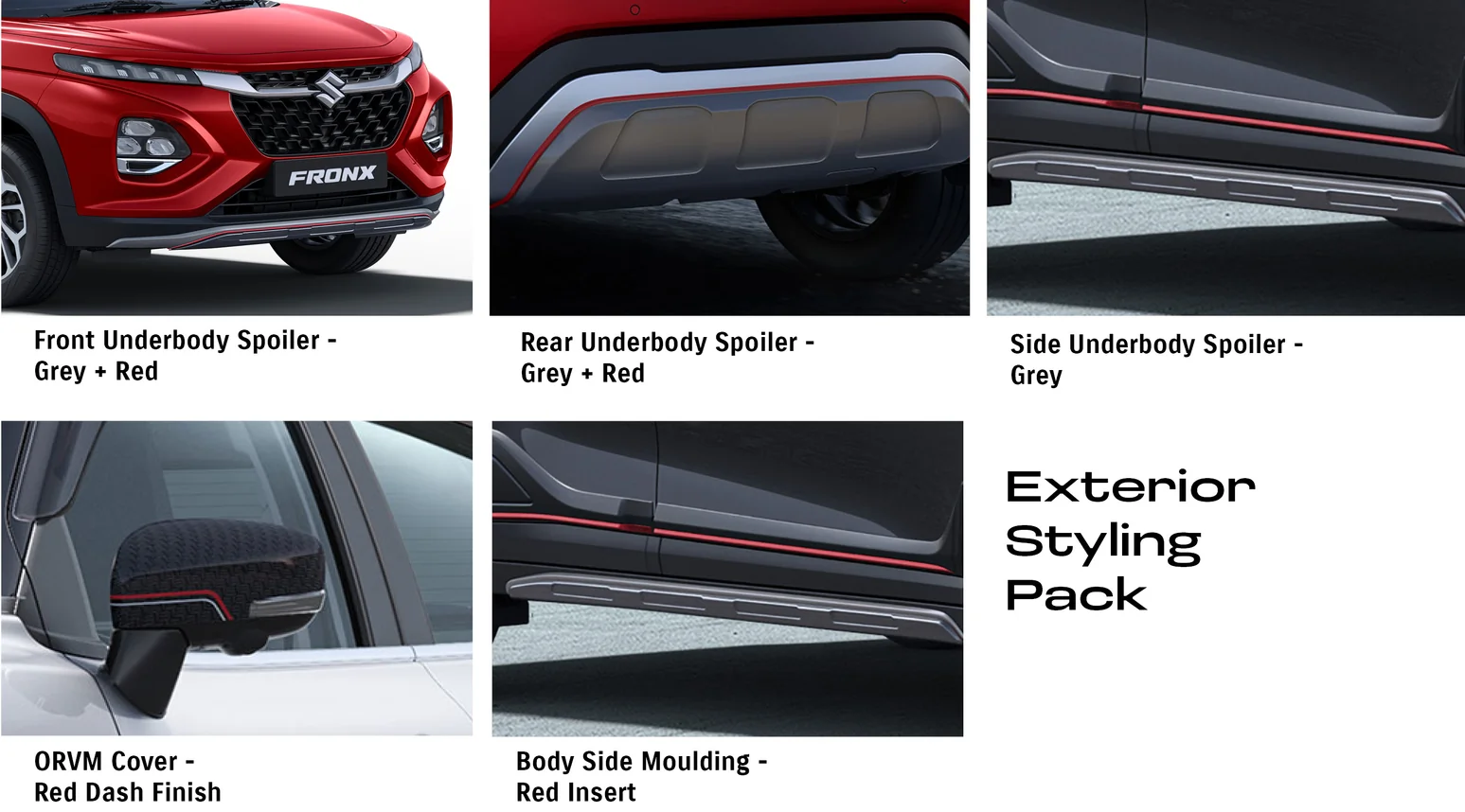 Fronx Exterior Styling Pack (Front, Rear & Side Spoilers + Side body Moulding + Mirror Cover)