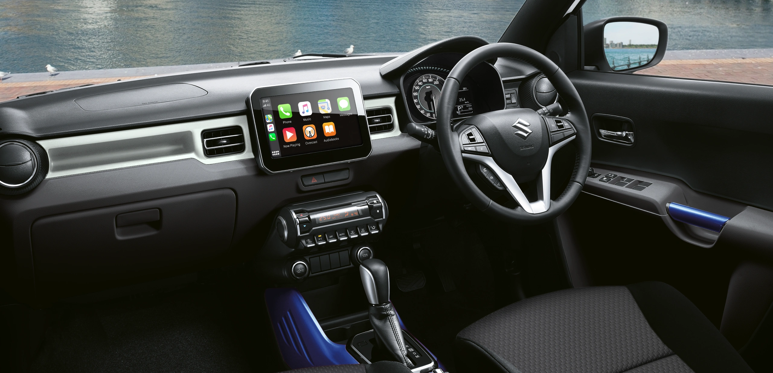 Suzuki Ignis modern interior and touchscreen with smartphone connectivity through Apple CarPlay and Android Auto